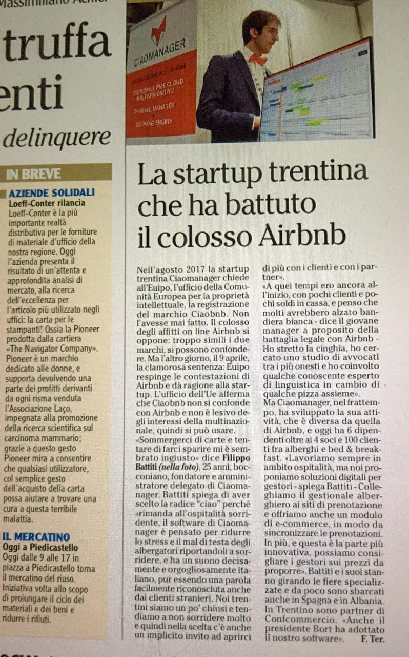 Articolo giornale - marchio Ciaobnb